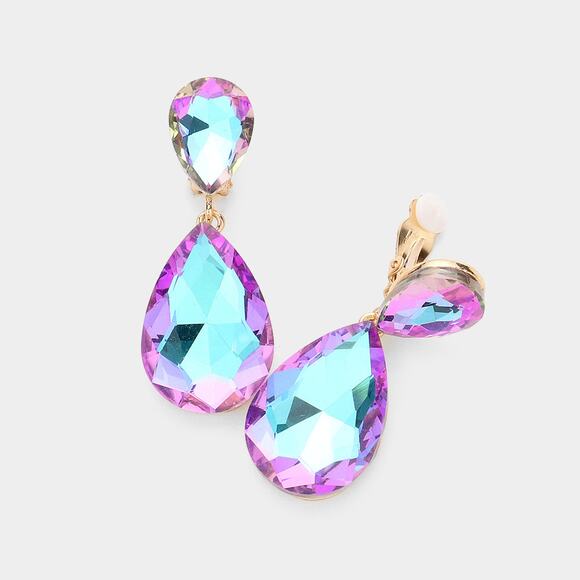 Clip on 2" gold, pink and blue stone double teardrop earrings - Picture 4 of 4